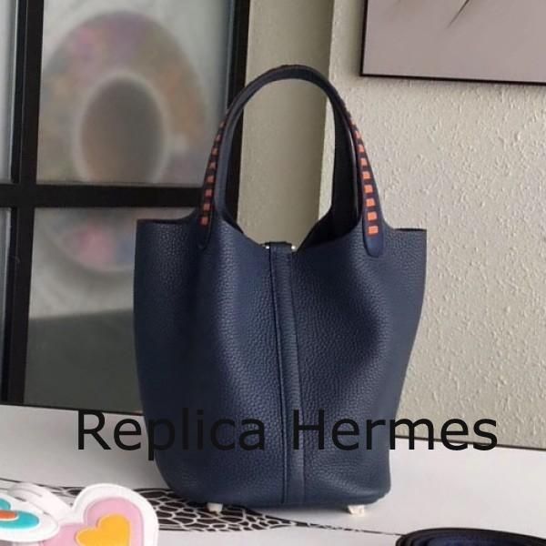 Discount Hermes Navy Blue Picotin Lock 18cm Bag With Braided Handles
