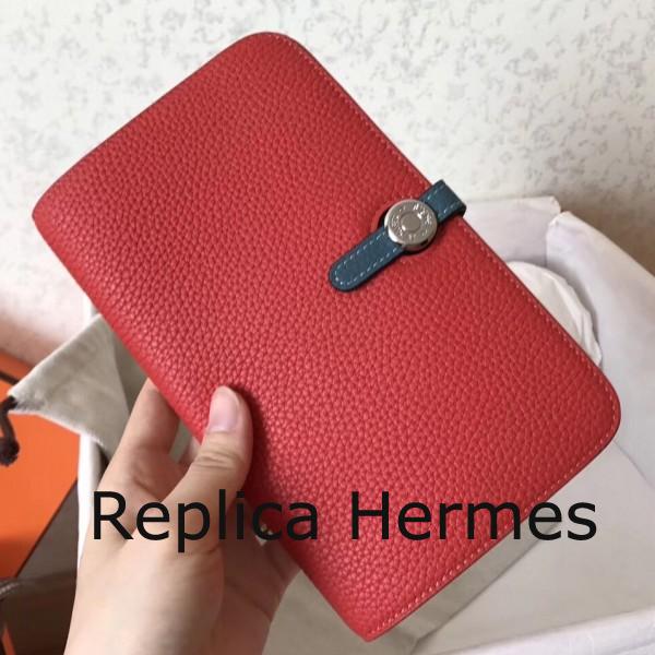 Designer Replica Hermes Bicolor Dogon Duo Wallet In Red/Jean Leather