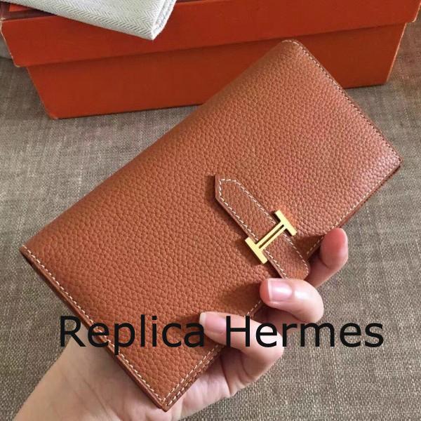 Luxury Fake Hermes Brown Clemence Bearn Gusset Wallet