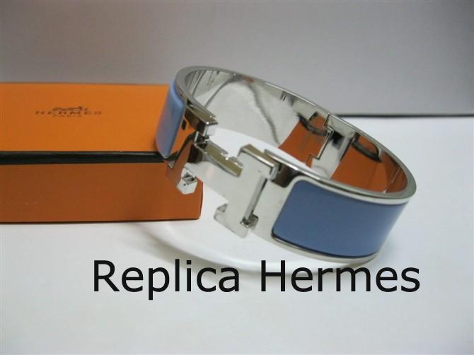 Hermes Blue Enamel Clic H Bracelet Narrow Width (18mm) In Silver