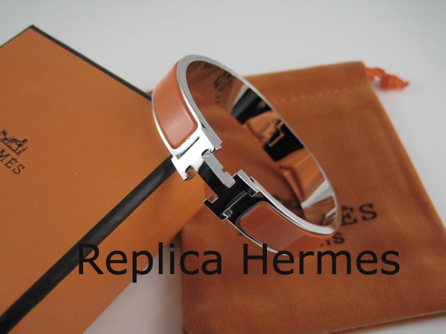 Top Quality Hermes Orange Enamel Clic H Bracelet Narrow Width (12mm) In Silver