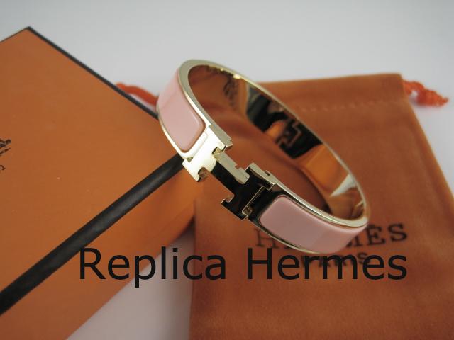 AAA Hermes Pink Enamel Clic H Bracelet Narrow Width (12mm) In Gold