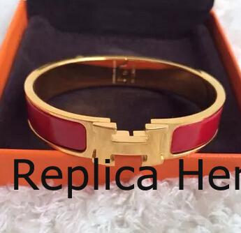 Fake 1:1 Hermes Red Enamel Clic H Bracelet Narrow Width (12mm) In Gold