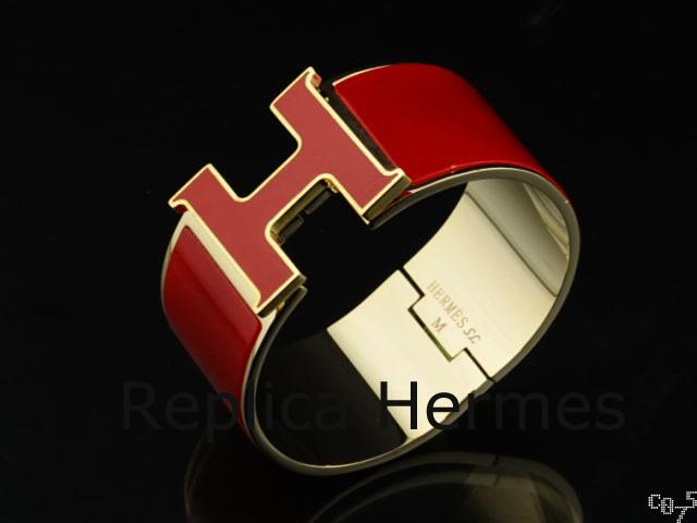Imitation Hermes Red Enamel Clic H Bracelet Narrow Width (33mm) In Gold
