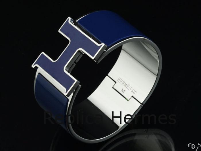 Luxury Hermes Blue Enamel Clic H Bracelet Narrow Width (33mm) In Silver