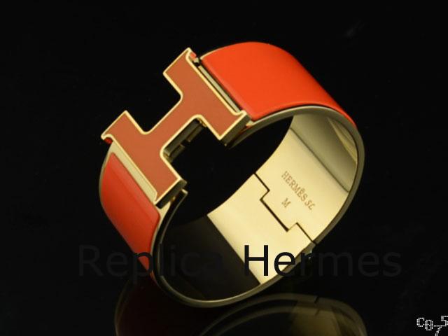 Faux 1:1 Hermes Orange Enamel Clic H Bracelet Narrow Width (33mm) In Gold