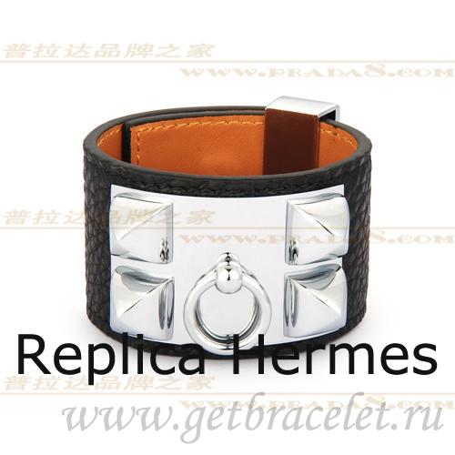 Perfect Hermes Collier De Chien Bracelet Black With Silver
