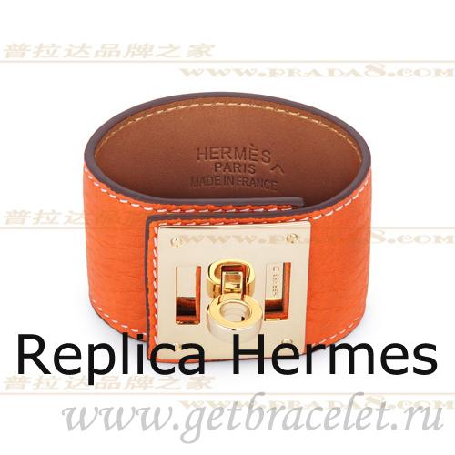 Designer Faux Hermes Kelly Dog Bracelet Orange With Gold