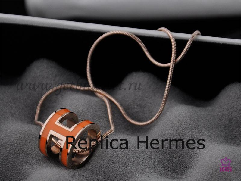 Hermes 3D Pop “H” Logo Snake Bone Orange Necklace In Pink Gold