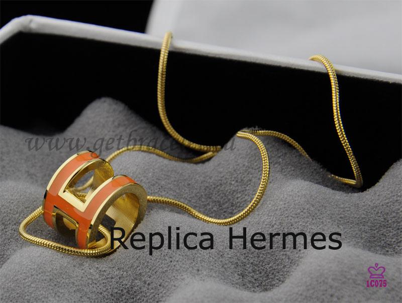 Fake High Quality Hermes 3D Pop “H” Logo Snake Bone Orange Necklace In Yellow Gold