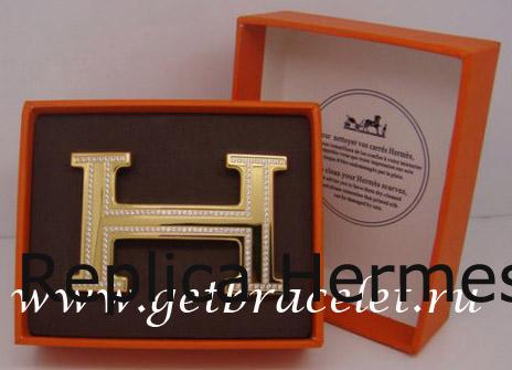 Designer Hermes Reversible Belt 18k Gold Plated H Buckle With Double Full Diamonds
