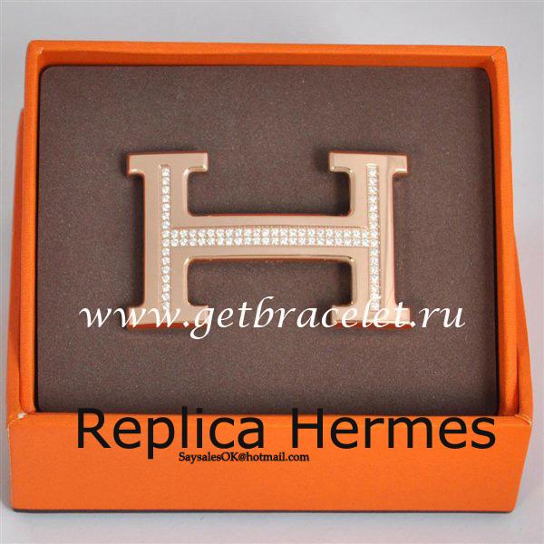 Fashion Hermes Reversible Belt 18k Rose Gold Plated H Buckle With Single Row Full Diamonds