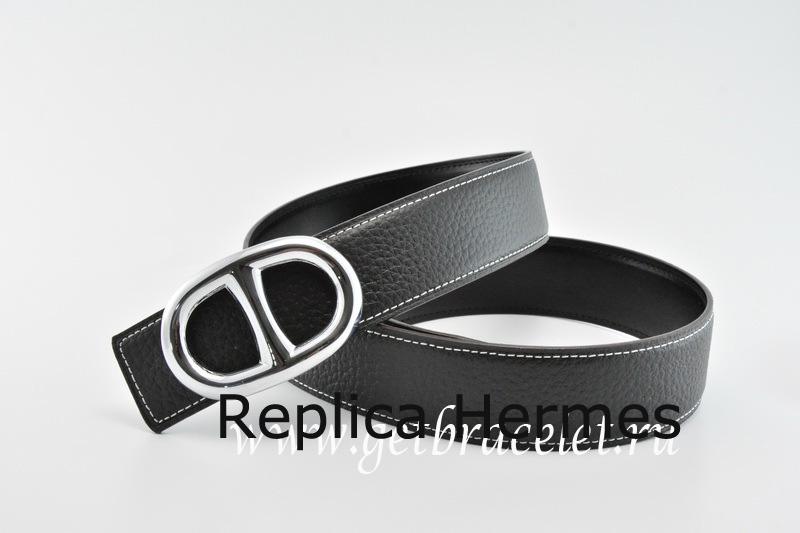 Perfect Faux Hermes Reversible Belt Black/Black Anchor Chain Togo Calfskin With 18k Silver Buckle