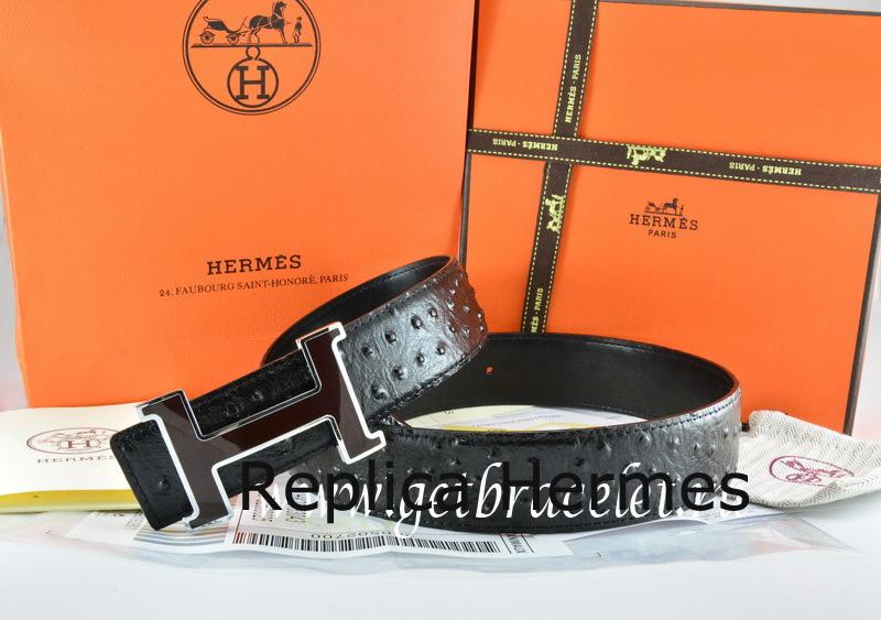 Faux High End Hermes Reversible Belt Black/Black Ostrich Stripe Leather With 18K Black Silver Narrow H Buckle