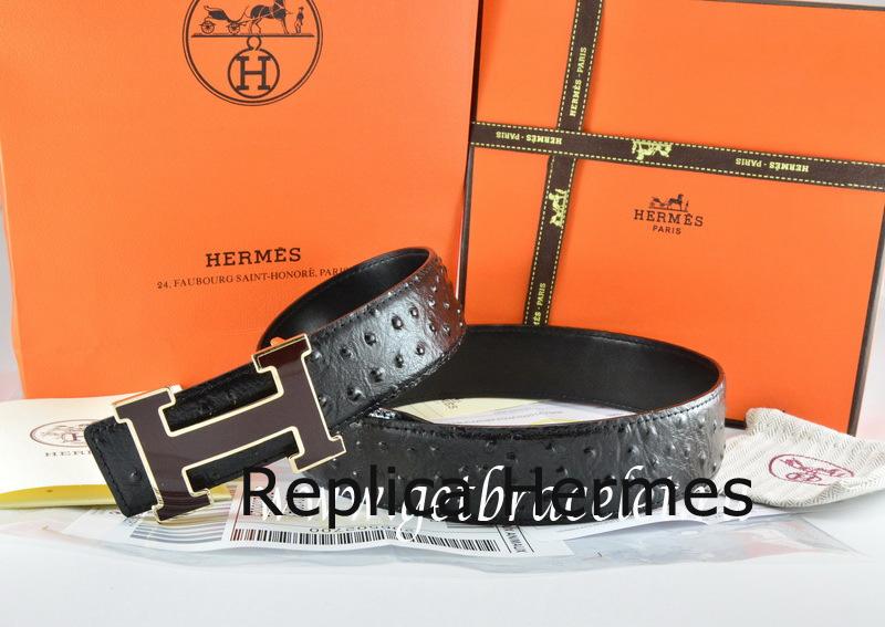 AAA Hermes Reversible Belt Black/Black Ostrich Stripe Leather With 18K Black Silver Width H Buckle