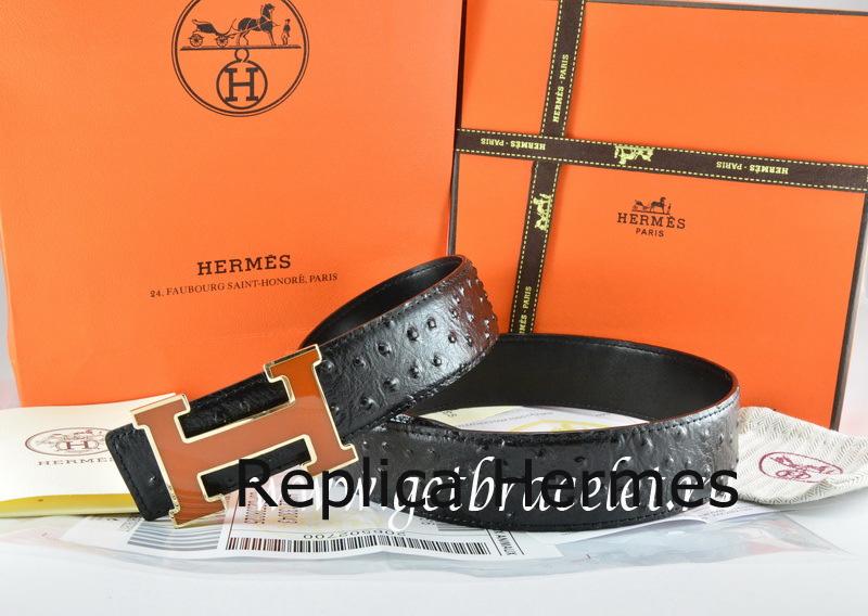 Hermes Reversible Belt Black/Black Ostrich Stripe Leather With 18K Brown Gold Width H Buckle Replica