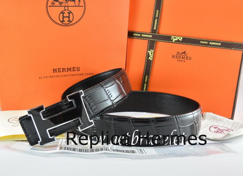 Perfect Hermes Reversible Belt Black/Black Crocodile Stripe Leather With18K Black Silver Width H Buckle