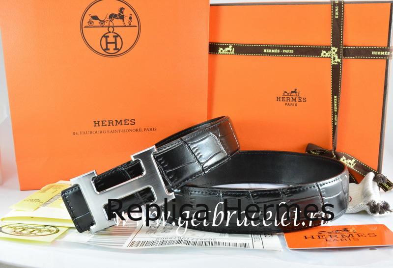 Faux High End Hermes Reversible Belt Black/Black Crocodile Stripe Leather With18K Drawbench Silver H Buckle