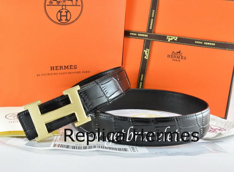 Replica Hermes Reversible Belt Black/Black Crocodile Stripe Leather With18K Gold Wave Stripe H Buckle