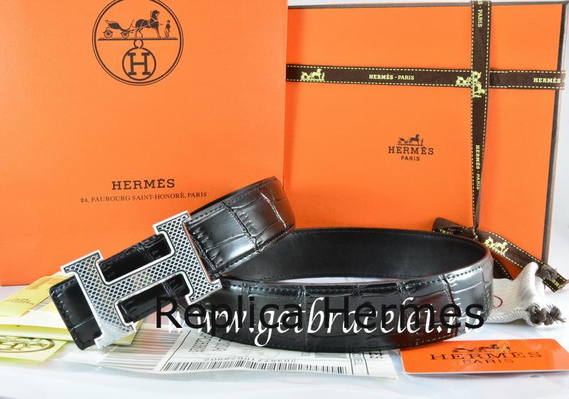 Hermes Reversible Belt Black/Black Crocodile Stripe Leather With18K Silver Wave Stripe H Buckle