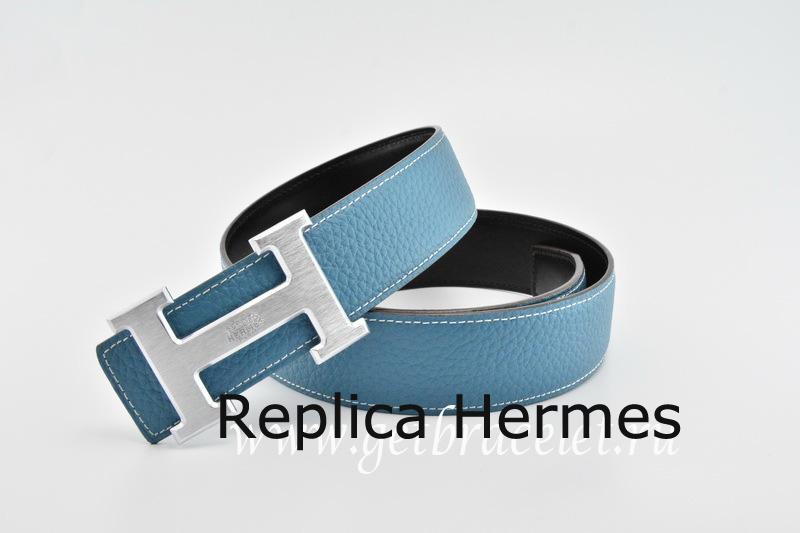 Hermes Reversible Belt Blue/Black Classics H Togo Calfskin With 18k Silver With Logo Buckle