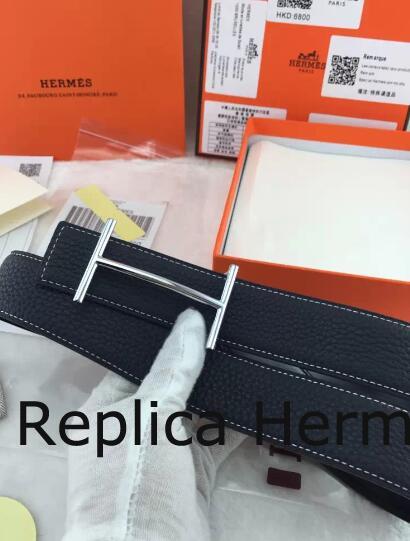 High End Replica Hermes Reversible Belt Black Togo Calfskin With 18k Silver H Buckle