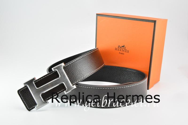 Hermes Reversible Belt Black/Black Togo Calfskin With 18k Drawbench Silver H Buckle Replica
