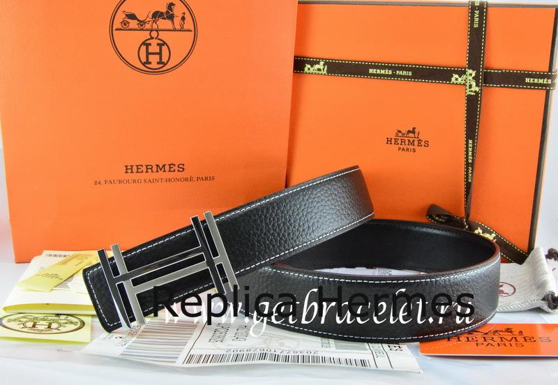 Imitation Hermes Reversible Belt Black/Black Togo Calfskin With 18k Silver Double H Buckle