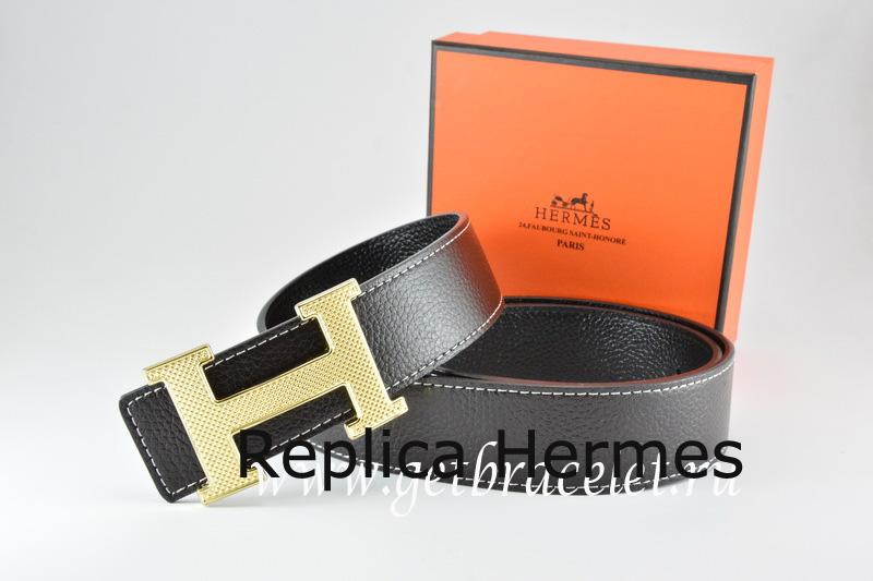 Replica Hermes Reversible Belt Black/Black Togo Calfskin With 18k Silver Wave Stripe H Buckle