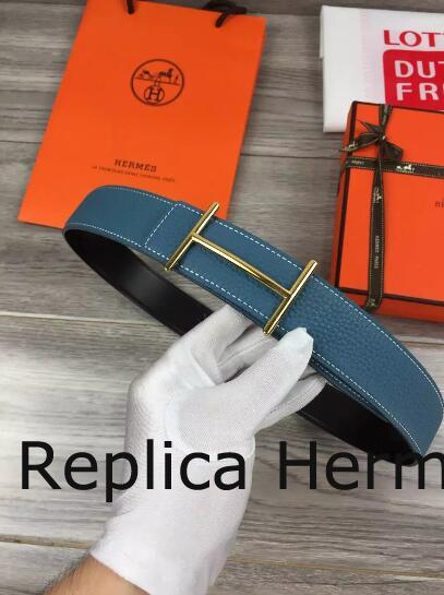 Fake Hermes Reversible Belt Blue Togo Calfskin With 18k Gold H Buckle