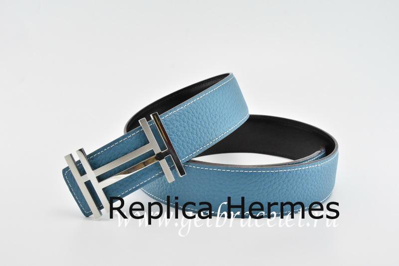 Hermes Reversible Belt Blue/Black H Au Carre Togo Calfskin With 18k Silver Buckle