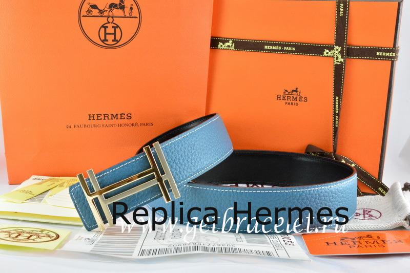 Hot Replica Hermes Reversible Belt Blue/Black Togo Calfskin With 18k Gold Double H Buckle