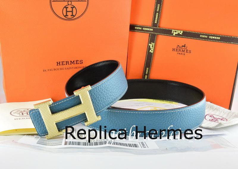 Luxury Faux Hermes Reversible Belt Blue/Black Togo Calfskin With 18k Gold Wave Stripe H Buckle
