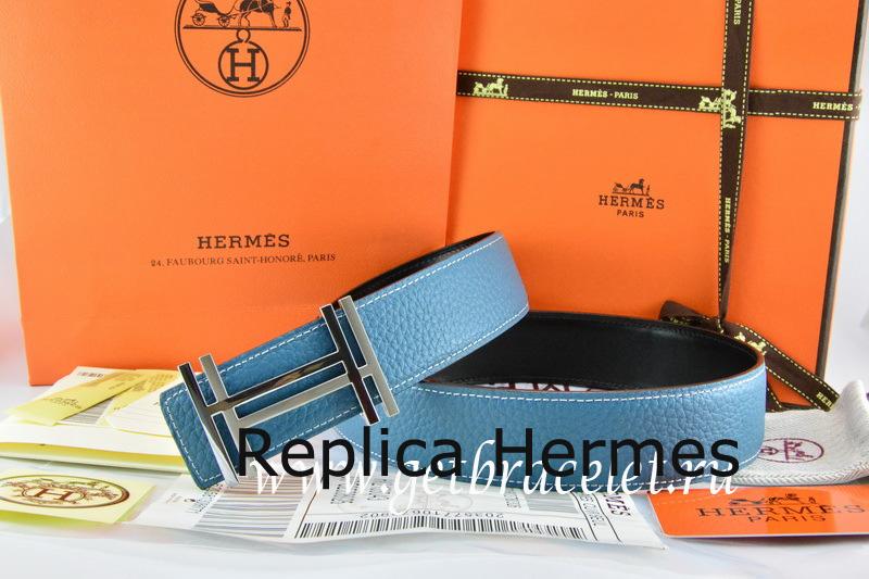 Hermes Reversible Belt Blue/Black Togo Calfskin With 18k Silver Double H Buckle