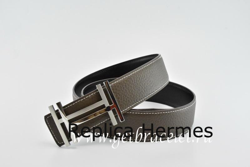 Hermes Reversible Belt Brown/Black H Au Carre Togo Calfskin With 18k Silver Buckle Replica
