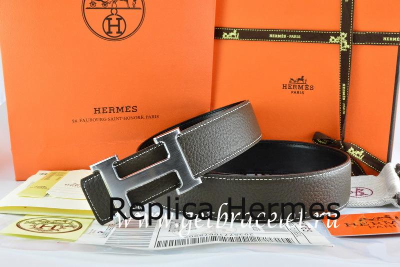 Imitation Hermes Reversible Belt Brown/Black Togo Calfskin With 18k Drawbench Silver H Buckle