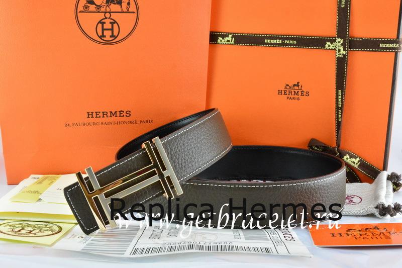 Imitation Hermes Reversible Belt Brown/Black Togo Calfskin With 18k Gold Double H Buckle