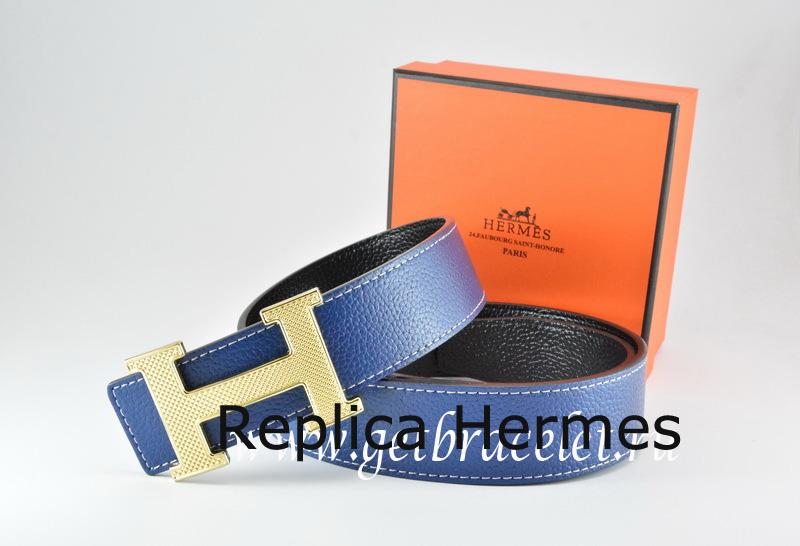 Faux Hot Hermes Reversible Belt Dark Blue/Black Togo Calfskin With 18k Silver Wave Stripe H Buckle