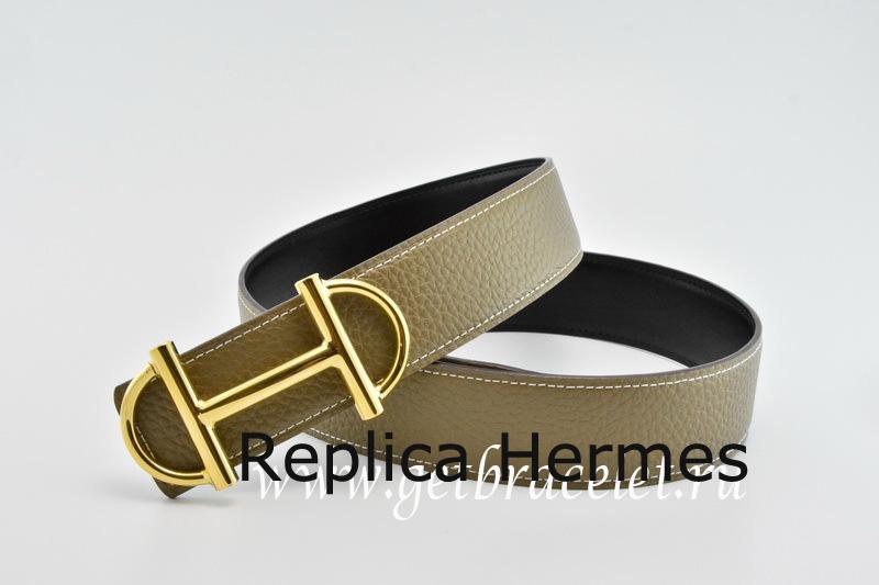 Copy Hermes Reversible Belt Gray/Black Anchor Chain Togo Calfskin With 18k Gold Buckle