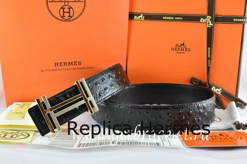 Hermes Reversible Belt Black/Black Ostrich Stripe Leather With 18K Gold H Au Carre Buckle