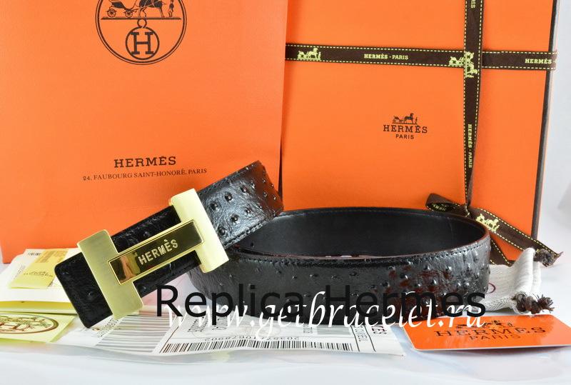Wholesale Hermes Reversible Belt Black/Black Ostrich Stripe Leather With 18K Gold H Logo Buckle