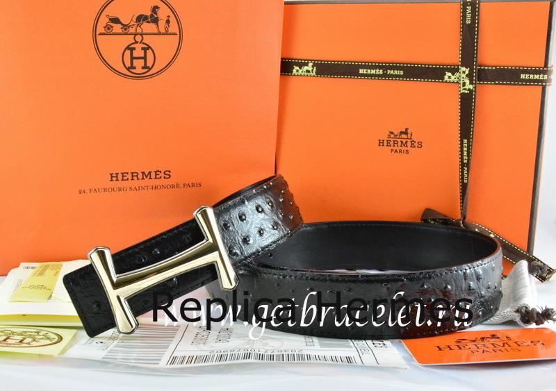 Hermes Reversible Belt Black/Black Ostrich Stripe Leather With 18K Gold Idem Buckle Replica