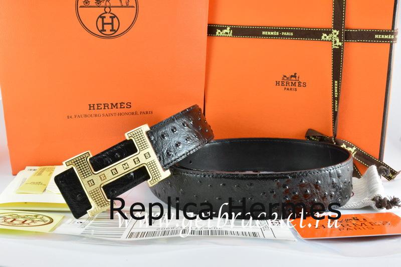 Hermes Reversible Belt Black/Black Ostrich Stripe Leather With 18K Gold Stripe Logo H Buckle Replica