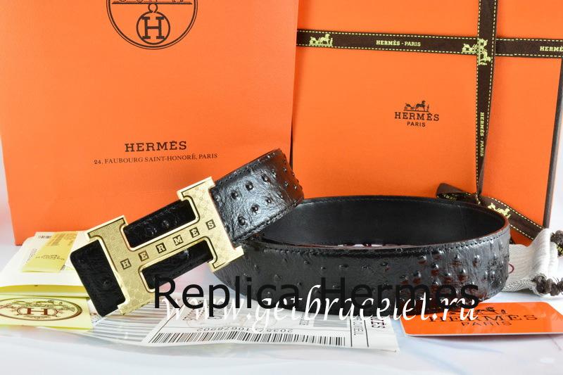 Hermes Reversible Belt Black/Black Ostrich Stripe Leather With 18K Gold Weave Stripe H Buckle