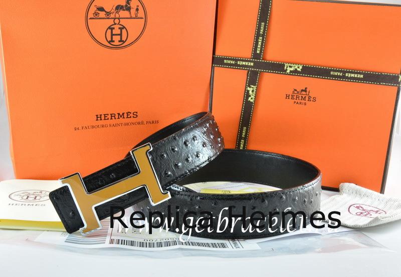 Knockoff Hermes Reversible Belt Black/Black Ostrich Stripe Leather With 18K Orange Silver Narrow H Buckle