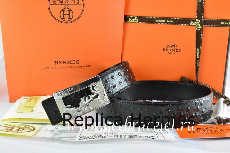 Replica Cheap Hermes Reversible Belt Black/Black Ostrich Stripe Leather With 18K Silver Coach Buckle