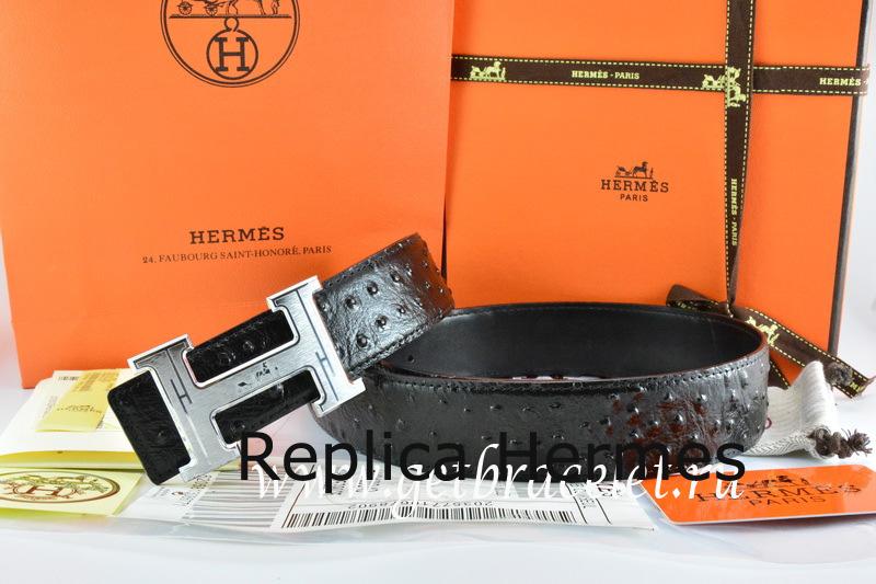 Perfect Replica Hermes Reversible Belt Black/Black Ostrich Stripe Leather With 18K Silver Geometric Stripe H Buckle