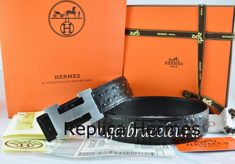 Hermes Reversible Belt Black/Black Ostrich Stripe Leather With 18K Silver H Buckle Replica
