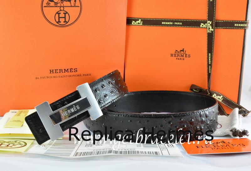Luxury Faux Hermes Reversible Belt Black/Black Ostrich Stripe Leather With 18K Silver H Logo Buckle