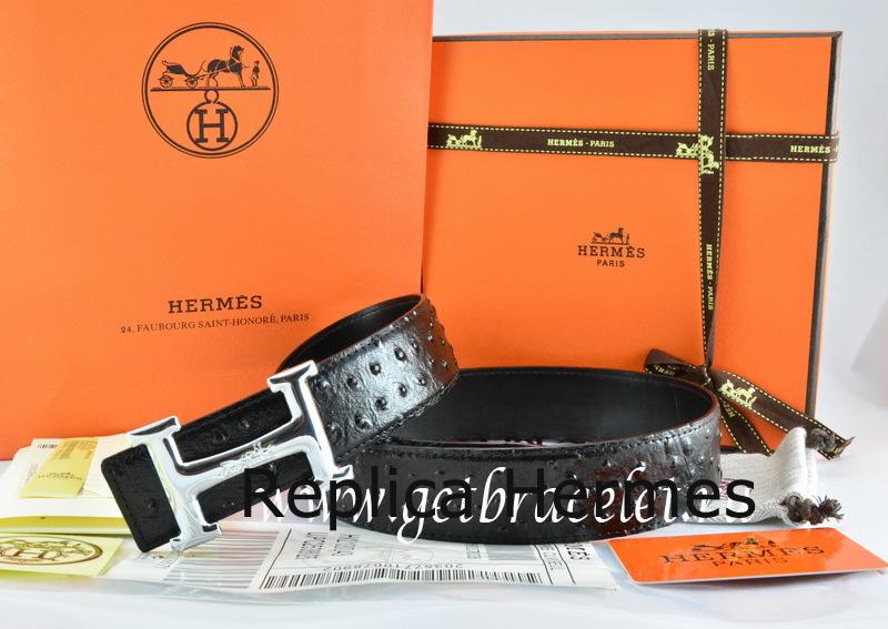 Hermes Reversible Belt Black/Black Ostrich Stripe Leather With 18K Silver Idem With Logo Buckle Replica